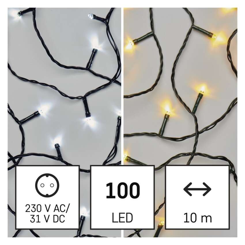 LED jõuluvalguskett 2-in-1, 10 m, õue/tuppa, soe/külm valge, 8 režiimi