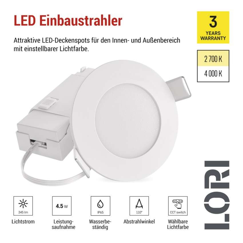 LED-Deckenspot LORI 4,5W 345LM IP65 CCT weiss
