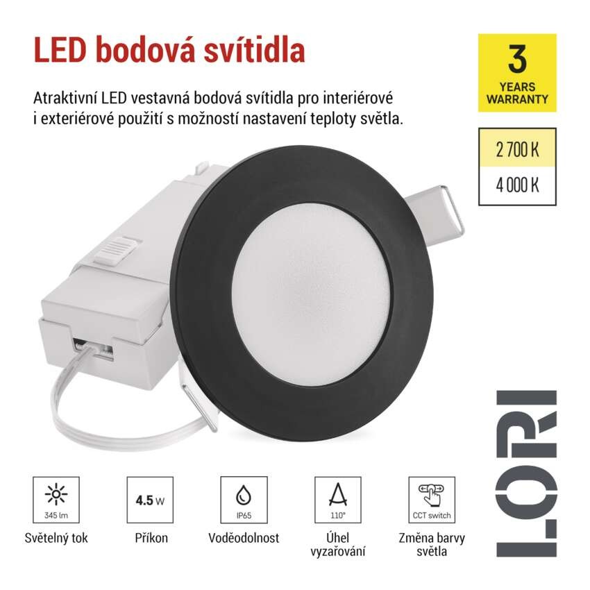 LED bodové svítidlo LORI 4,5W 345LM IP65 CCT černá