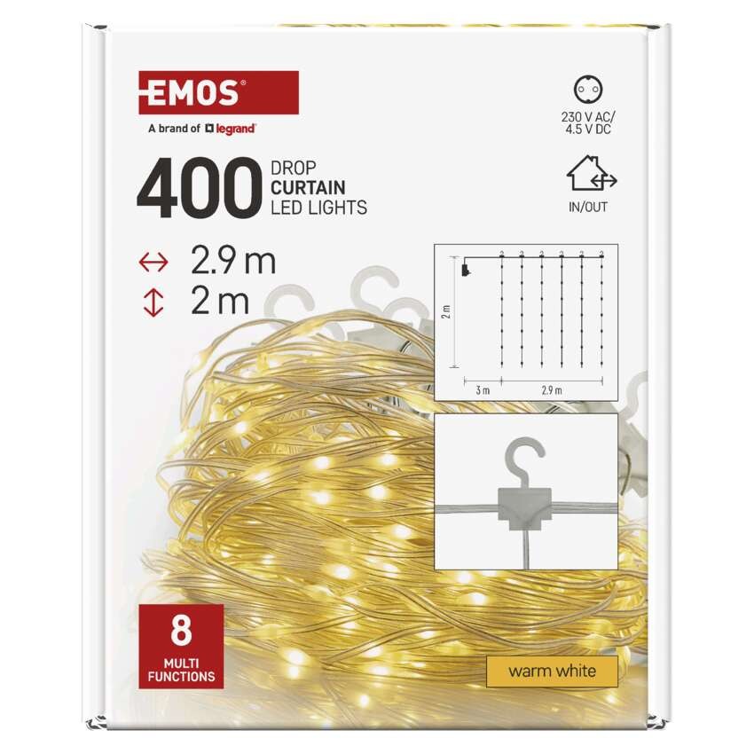 LED jõuluvalguskett Nano – kardin, 2,9 x 2 m, õue/tuppa, soe valge, 8 režiimi