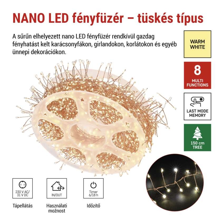 LED nano fényfüzér tekercsen, rézszínű, 14,4 m, meleg fehér, időzítő