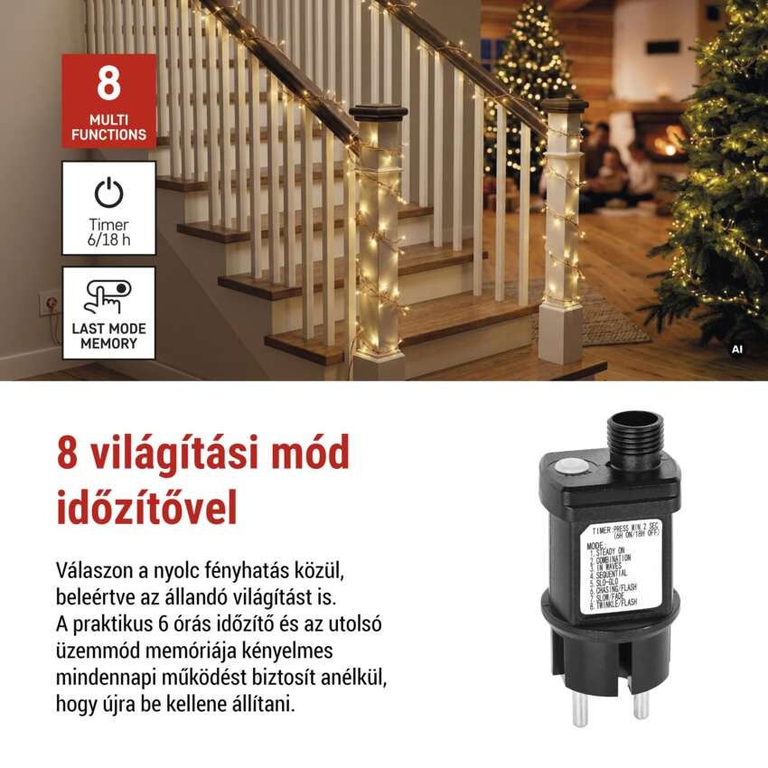 LED nano fényfüzér tekercsen, rézszínű, 14,4 m, meleg fehér, időzítő