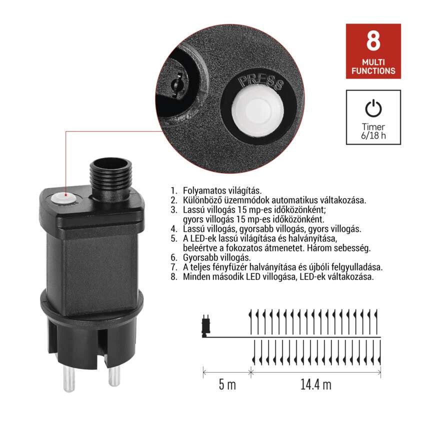 LED nano fényfüzér tekercsen, rézszínű, 14,4 m, meleg fehér, időzítő