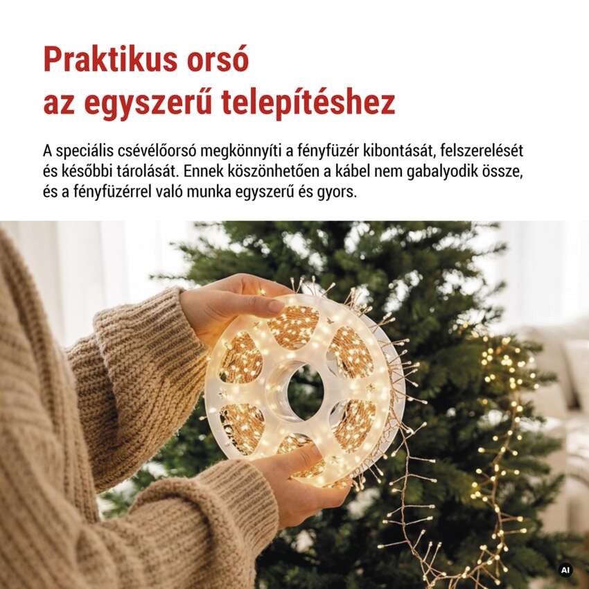 LED nano fényfüzér tekercsen, rézszínű, 19,2 m, meleg fehér, időzítő