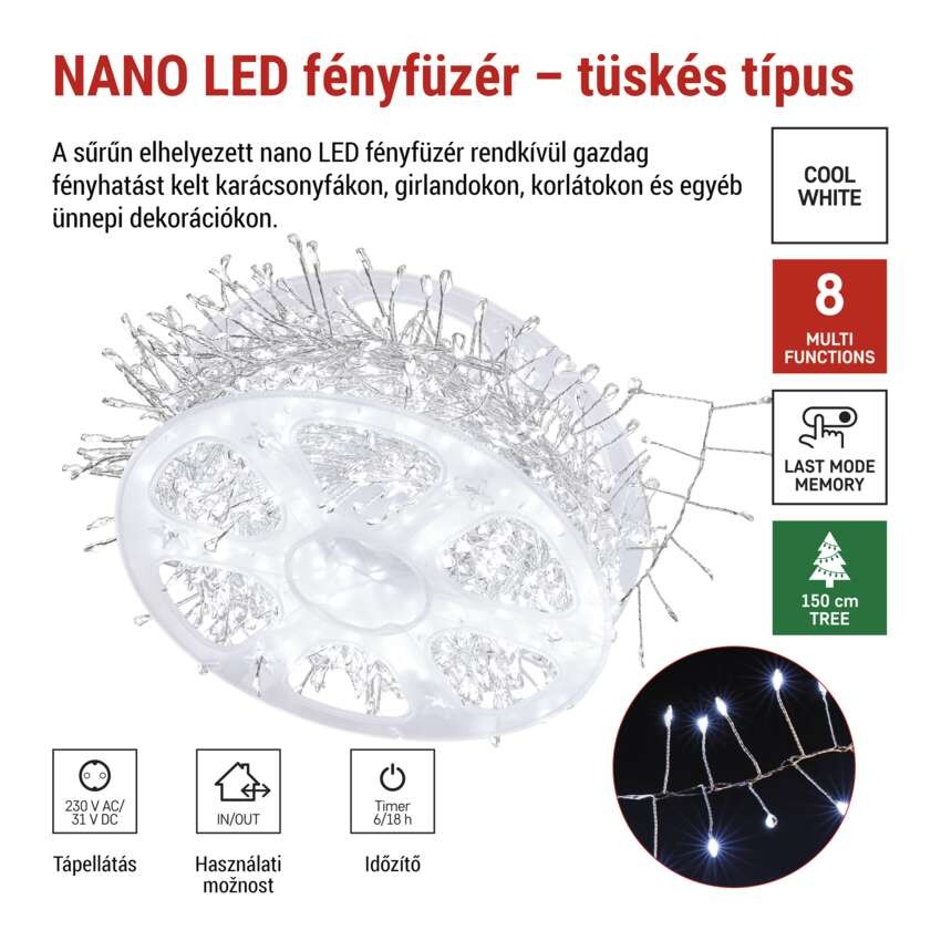 LED nano fényfüzér tekercsen, ezüst , 14,4 m, hideg fehér, időzítő