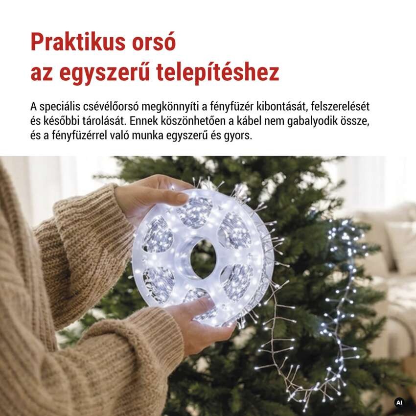 LED nano fényfüzér tekercsen, ezüst , 14,4 m, hideg fehér, időzítő