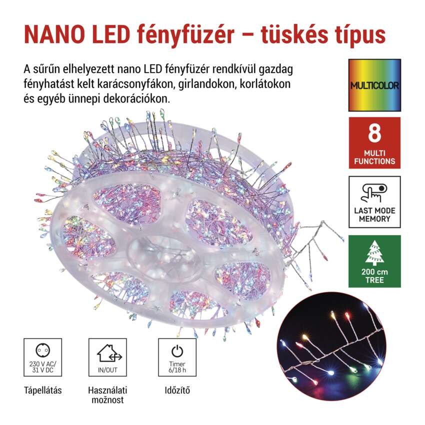 LED nano fényfüzér tekercsen, ezüst, 19,2 m, többszínű, időzítő