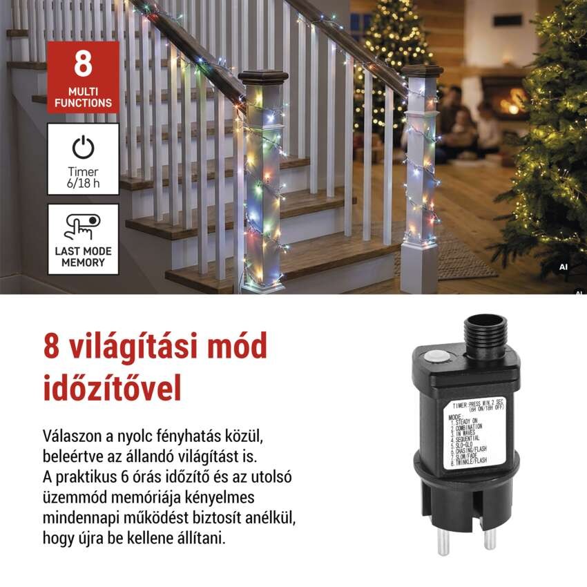 LED nano fényfüzér tekercsen, ezüst, 19,2 m, többszínű, időzítő