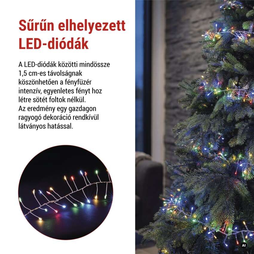 LED nano fényfüzér tekercsen, ezüst, 19,2 m, többszínű, időzítő
