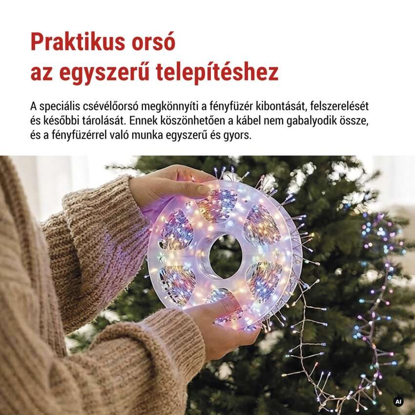 LED nano fényfüzér tekercsen, ezüst, 19,2 m, többszínű, időzítő