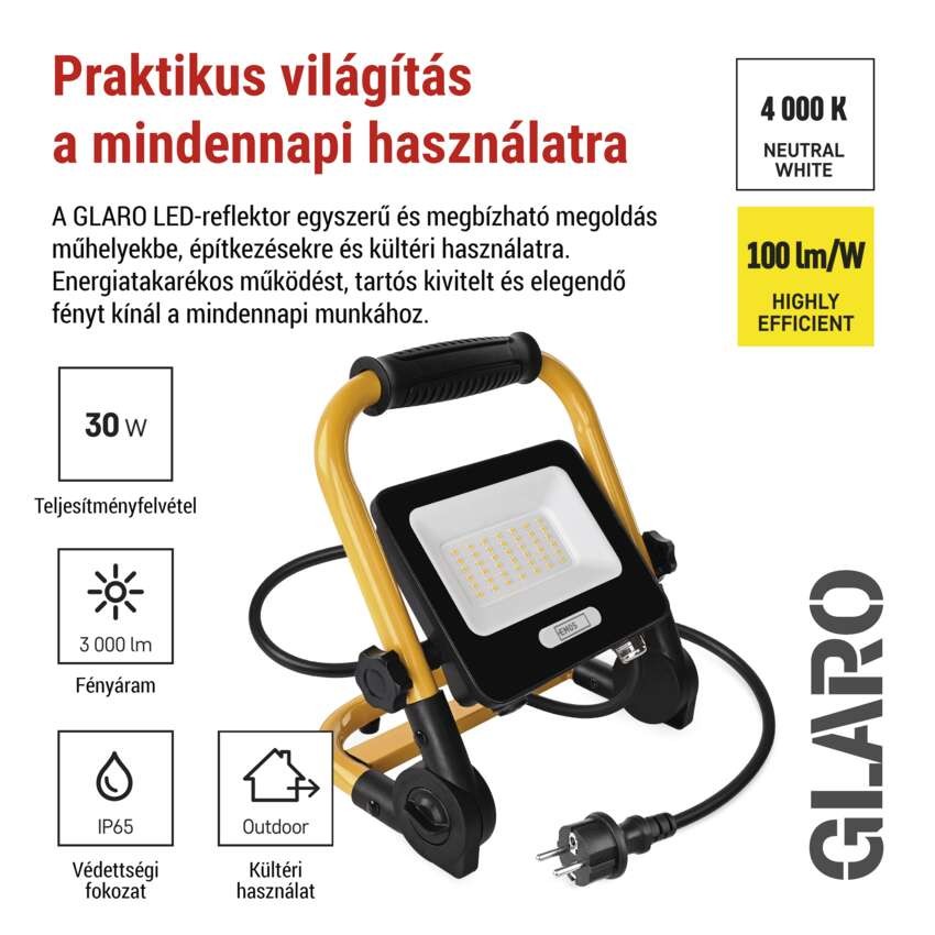 GLARO 30 W-os LED-reflektor, sárga-fekete, IP65, 3000 lm, semleges fehér