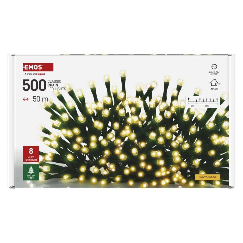LED karácsonyi fényfüzér, 50 m, kültéri és beltéri, meleg fehér, progr, időz.