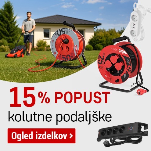 -15 % Podaljški, kolutni podaljški, prenapetostna zaščita, vtičnice